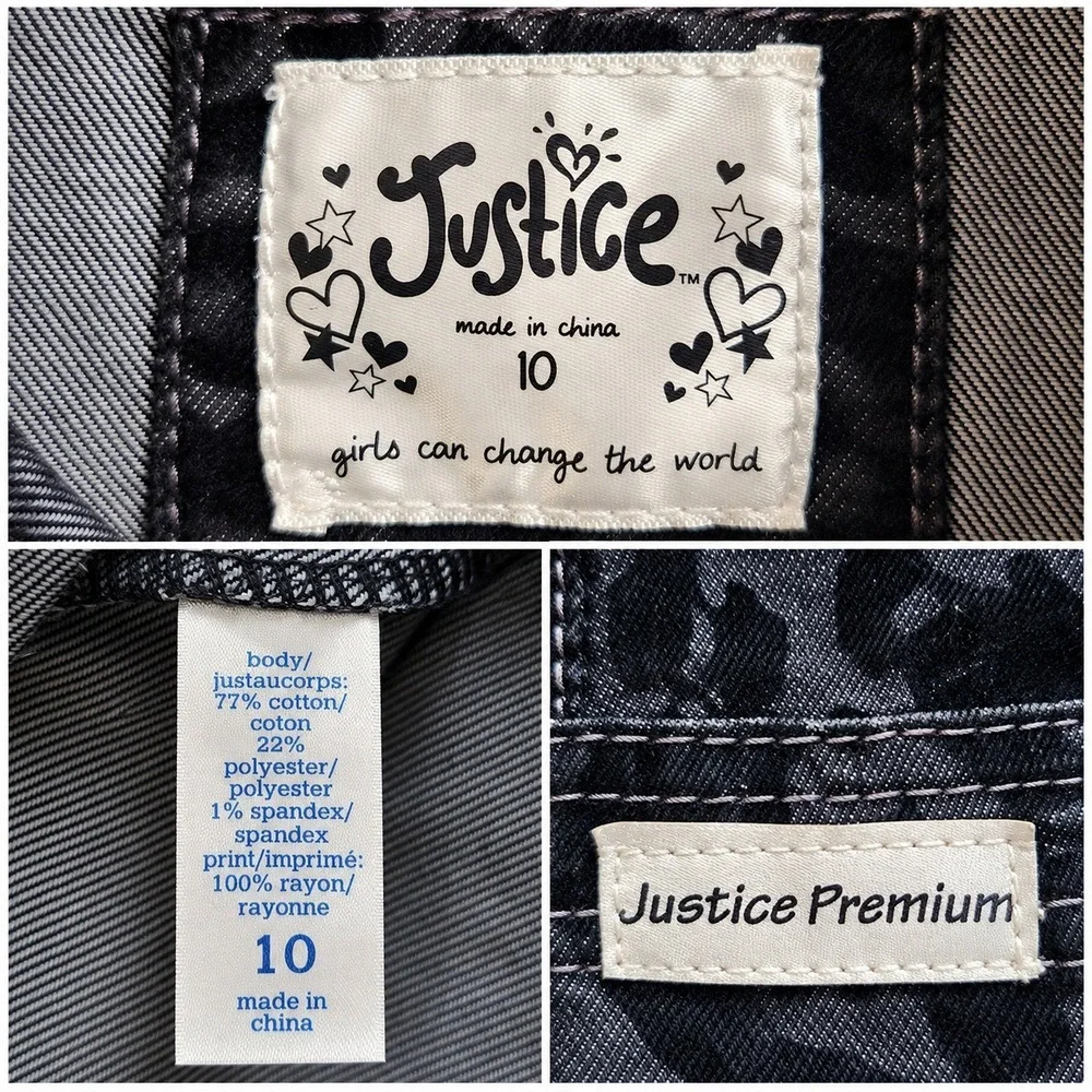 Justice Girls Size 10 Black Grey Leopard Animal Print Denim Trucker Jacket